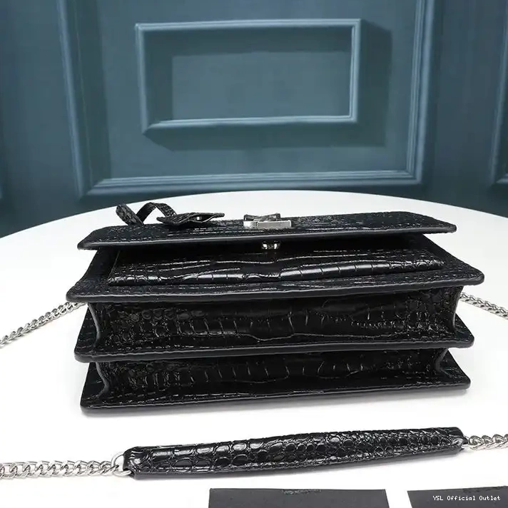 CHEAP Leather Bag Embossed Sunset Silver Medium In Crocodile Black Laurent Saint Chain 0326